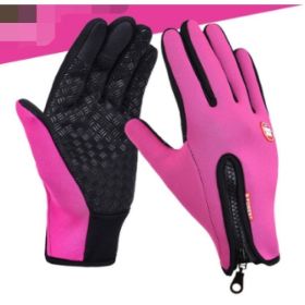 Outdoor Waterproof Gloves Touch Screen Windproof Riding Zipper Sports Winter Warm Fleece Mountaineering Gloves (Option: Rose red 2pcs-L-Silicone)
