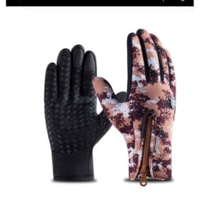 Outdoor Waterproof Gloves Touch Screen Windproof Riding Zipper Sports Winter Warm Fleece Mountaineering Gloves (Option: Coffee-M-Zipper)