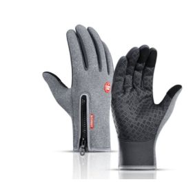 Outdoor Waterproof Gloves Touch Screen Windproof Riding Zipper Sports Winter Warm Fleece Mountaineering Gloves (Option: Grey-XL-Zipper)